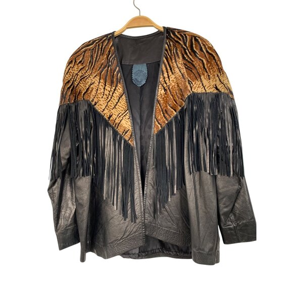 VTG 70s/80s M/L Clifford Olson Buttery Leather Tiger Print Fringe Jacket RX10363 - Picture 1 of 7